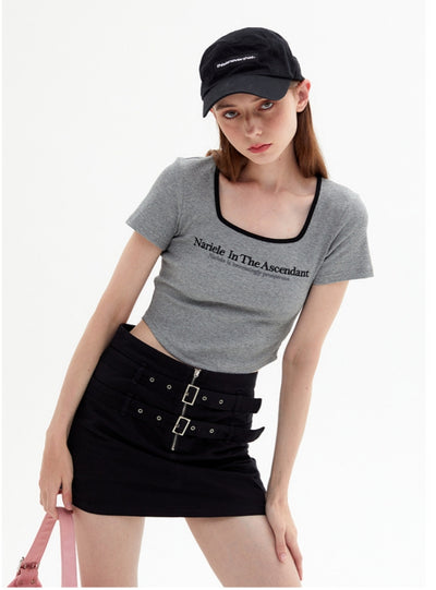 Square Collar Letter Short Sleeve T-shirt