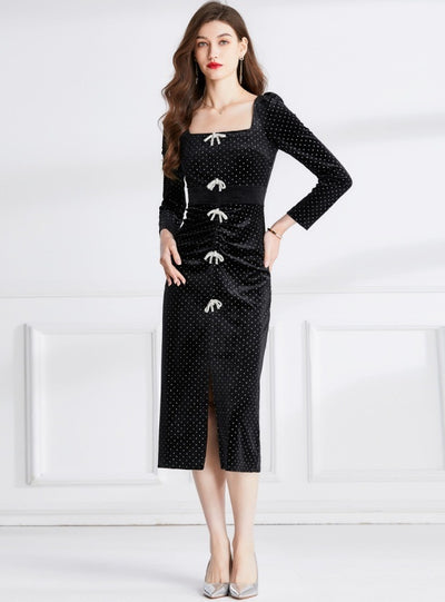 Square Wave Split Slim Bow Velvet Dress