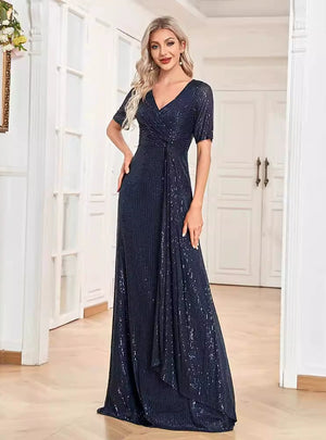 Navy Blue Sequins V-neck Short Sleeve Prom Dress