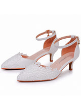 5 cm Thin Heel Pointed White Lace Wedding Shoes