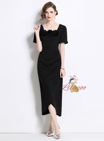 Square Collar Three-dimensional Flower Slim Short-sleeved Dress