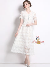 Women Lace Short Sleeve Doll Collar Dress