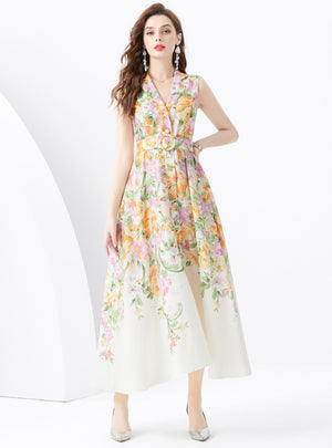 Sleeveless V-neck Printed Long Dress