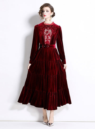 Velvet Lace Long Sleeve Swing Dress