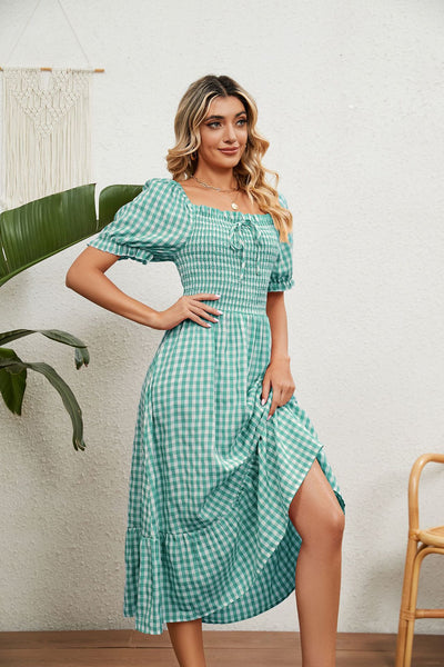 Pleated Short Sleeve Square Neck Plaid Dress