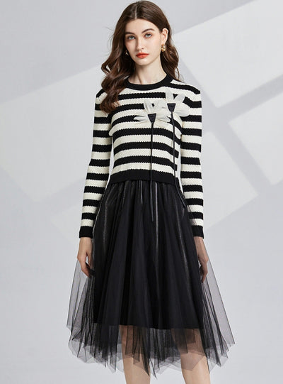 Three-dimensional Flower Round Neck Striped Contrast Dress