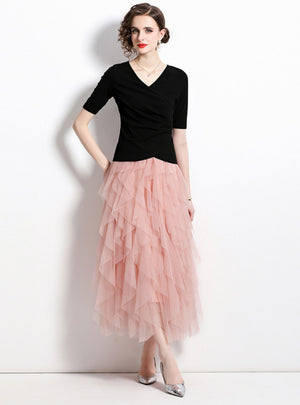 Black Top Cake Skirt T-shirt Two-piece Suit