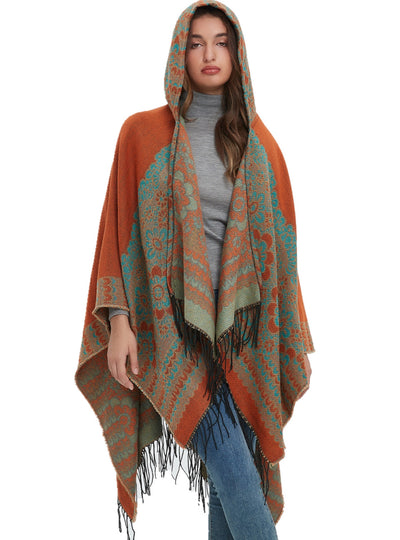 Ethnic Jacquard Hooded Fringed Cloak