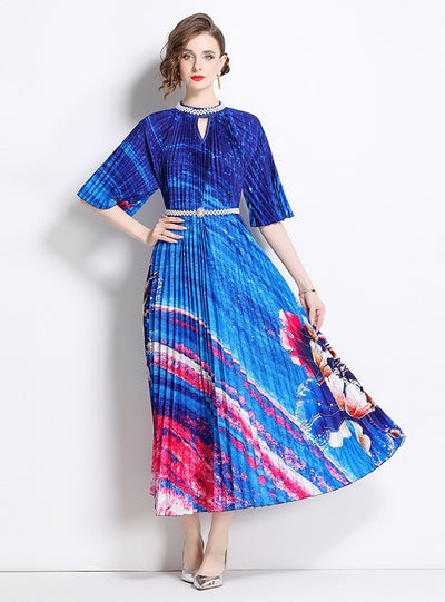 Beaded Printed Pleated Pearl Button Pleated Dress