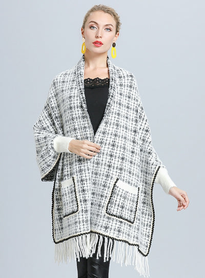 Plaid Loose Mink Bat Sleeve Fringed Shawl