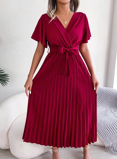 Cross V-neck Pleated Big Swing Dress