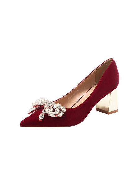 Red Thick Crystal Butterfly Wedding Shoes