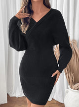 V-neck Bat Sleeve Solid Color Knitted Sweater Dress