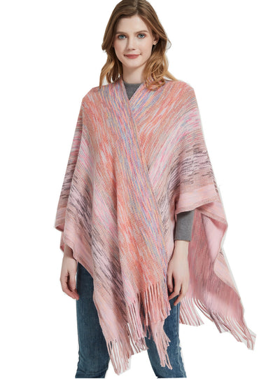 Gradient Knitted Fringed Split Shawl