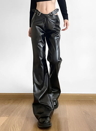 High Waist Metal Belt Pu Leather Pants