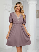 Solid Color Stitching V-neck Short Sleeve Pocket Dress