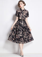 Lapel Short Sleeve Ink Print Big Swing Dress