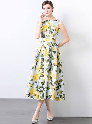 Sleeveless High Waist Printed Silm Waist Dress