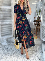 Bohemian Deep V Chiffon Printed Short Sleeve Dress