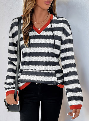 Black and White Striped Pullover Hooded Casual Top