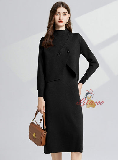 Thickened Semi-high Neck+Long Sleeve Dress Two-piece Suit