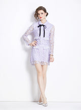 Purple Stitching Lace Top+Skirt Two-piece Suit