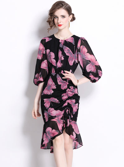 Slim Floral Lantern Sleeves Dress