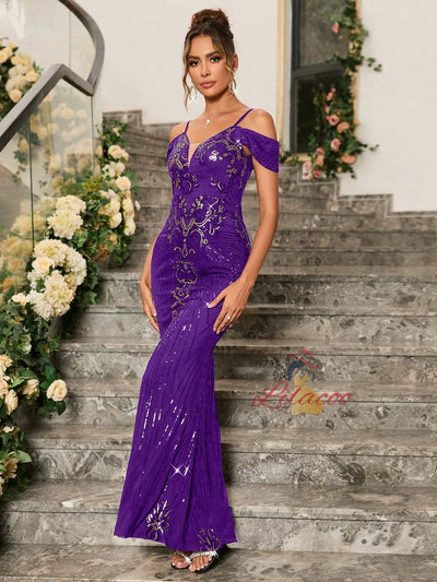 Purple Mermaid Sequins Straps Party Dress