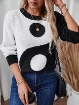 Contrast Color Round Neck Loose Long Sleeve Sweater