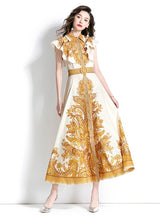 Palace Style Lapel Sleeveless Print Long Dress