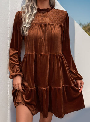 Women Long Sleeve Velvet Pleats Dress