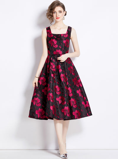 Black Print Sleevelees Party Dress