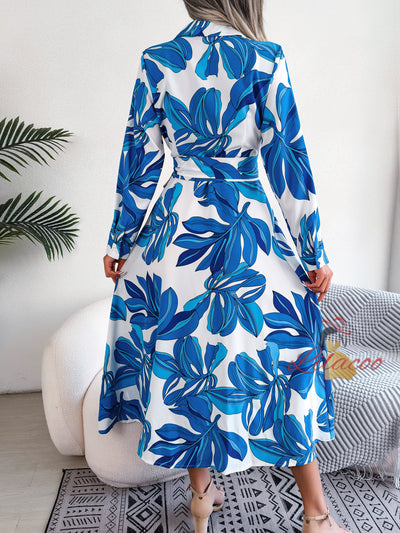 Flower Lapel Lace-up Shirt Long Dress