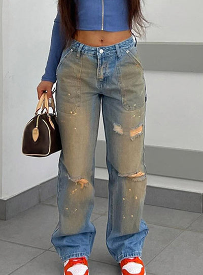 Hole-washed High-waisted Straight Jeans