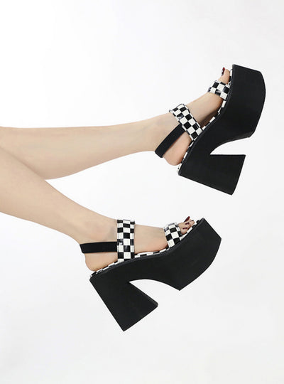 Black and White Plaid Thick Soled Thick Heel Sandals