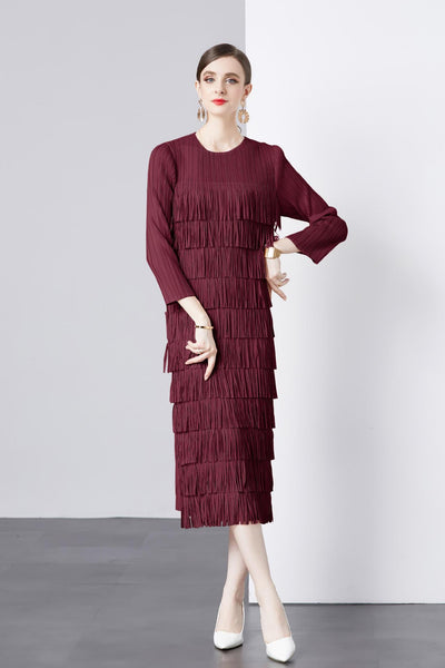 Long Sleeve Cake Pleated Fringed Dress