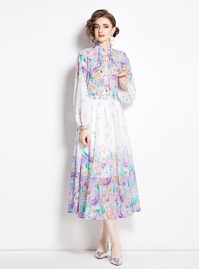 Lantern Sleeve Chiffon Shirt+Skirt Two-piece Suit