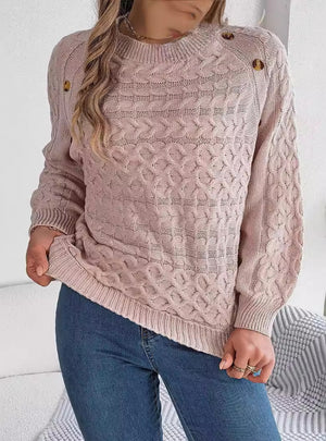 Solid Color Twist Button Lantern Sleeve Sweater