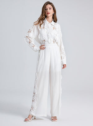 Lace Flower Long Sleeve Shirt+High Waist Lace Pant Suit