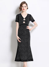 Sequin Short Sleeve V-neck Dress