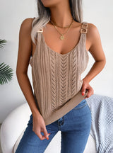 Casual Metal Buckle V-neck Hollow Top