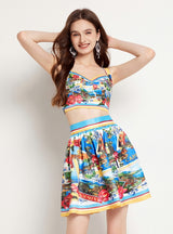 Printed Splicing Contrast Sling+Skirt Two-piece Set