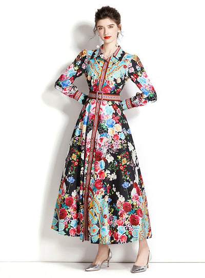 Long-sleeved Lantern Sleeve Printed Dress