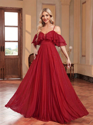 Red Spaghetti Straps Pleats Prom Dress