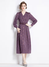 Purple Long Sleeve V-neck Lace Dress