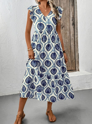 Loose Deep V-neck Printed Long Dress