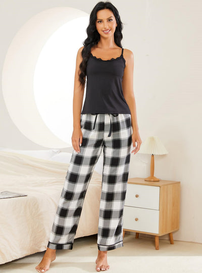 Lace Suspender Plaid Pajamas Set