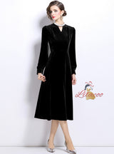 Retro Long Sleeve V-neck Velvet Dress