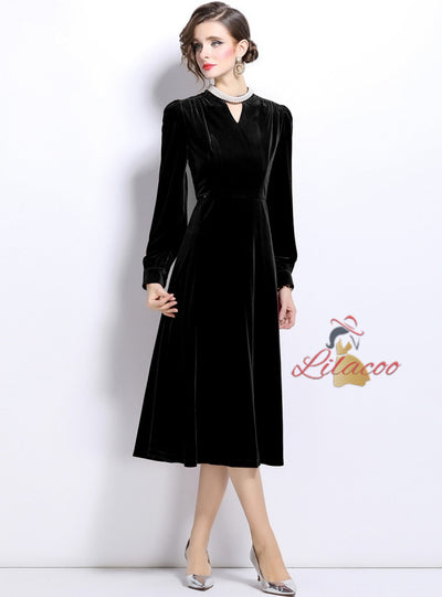 Retro Long Sleeve V-neck Velvet Dress