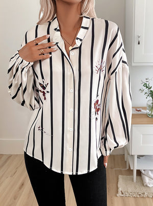 Vertical Collar Long Sleeve Striped Shirt Top